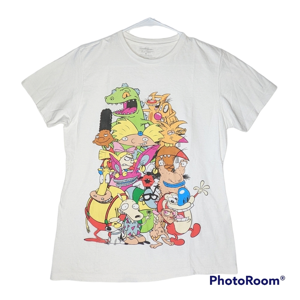 Nickelodeon T-Shirt Sz Medium White SS Nicktoons 90's Cartoon Characters 2016